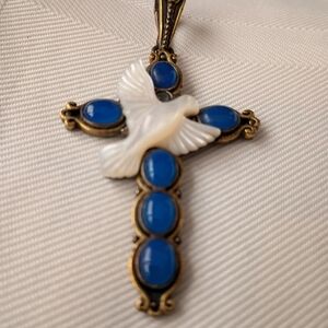 Large Blue Chalcedony 925 Sterling Silver MOP Dove Cross PendantWomen Jewelry